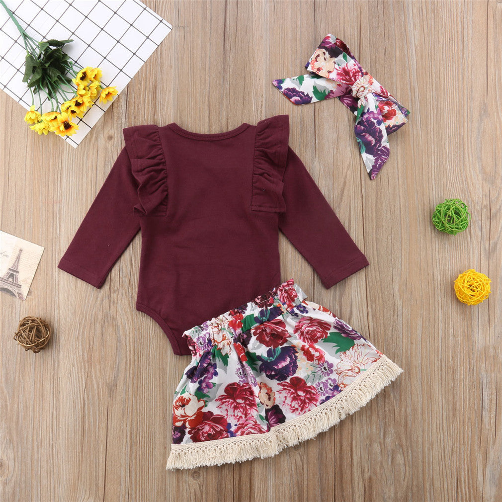 Ramia Ruffle Set Toddler Baby Girls Ruffles Long Sleeve Tops Romper Floral Skirts Headband Outfit Clothes