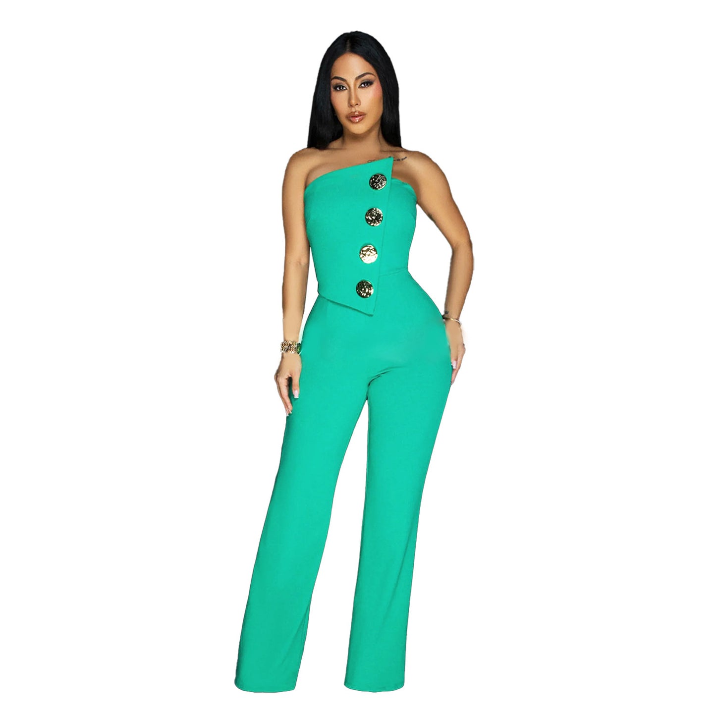 European And American Fashion Women's Wear Sleeveless Button Jumpsuit Trousers