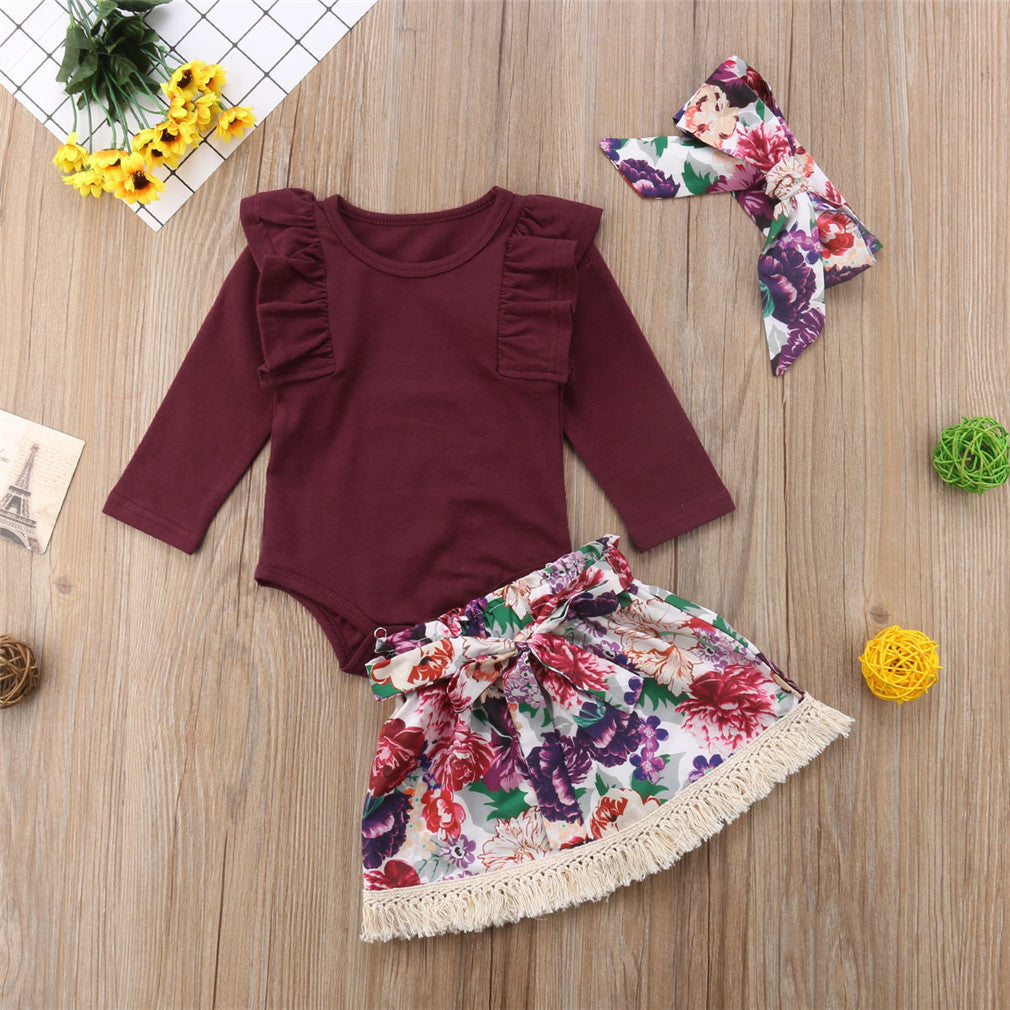 Ramia Ruffle Set Toddler Baby Girls Ruffles Long Sleeve Tops Romper Floral Skirts Headband Outfit Clothes
