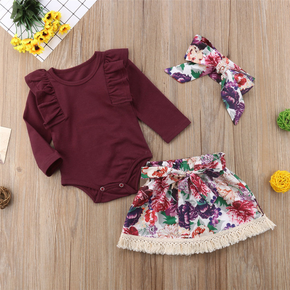 Ramia Ruffle Set Toddler Baby Girls Ruffles Long Sleeve Tops Romper Floral Skirts Headband Outfit Clothes