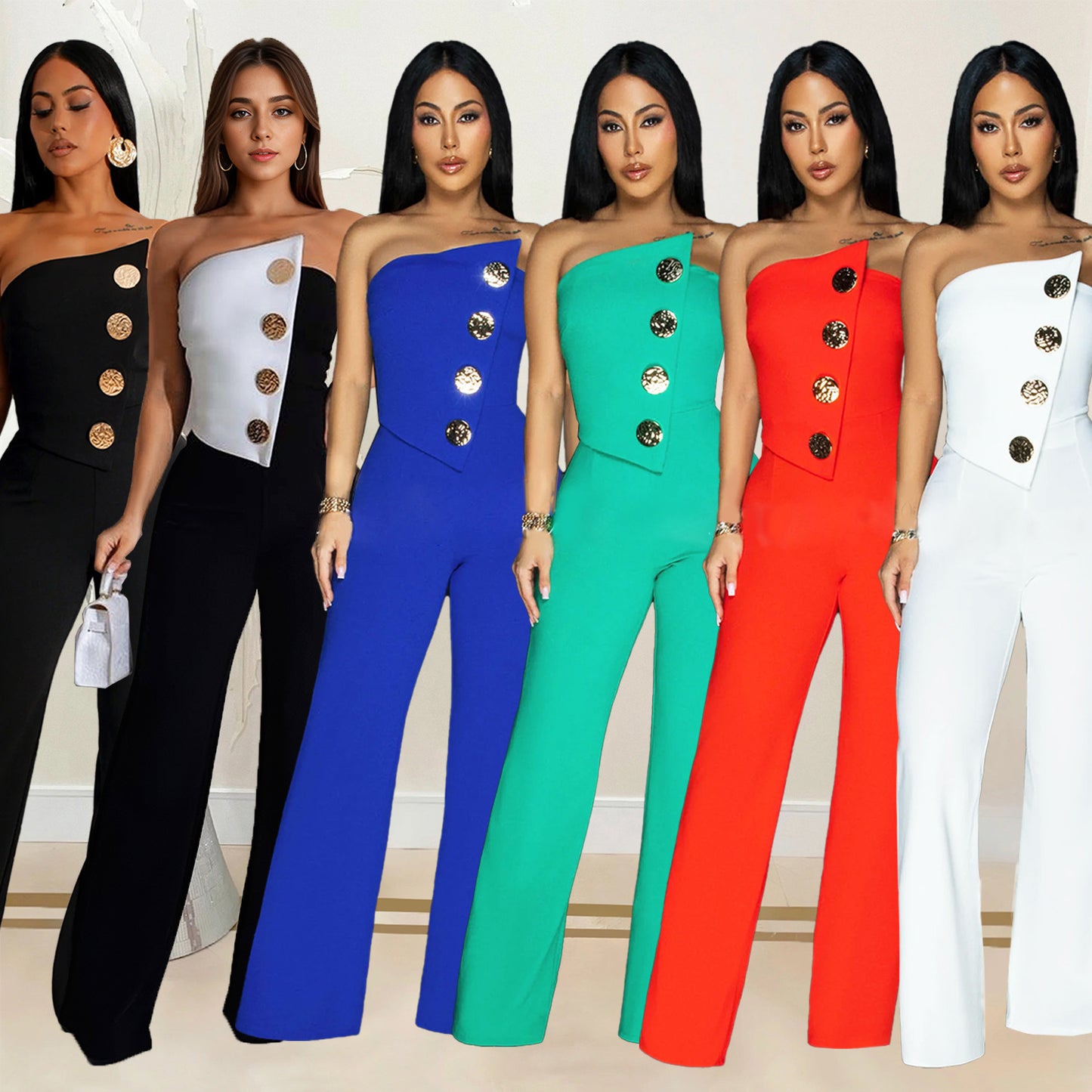 European And American Fashion Women's Wear Sleeveless Button Jumpsuit Trousers
