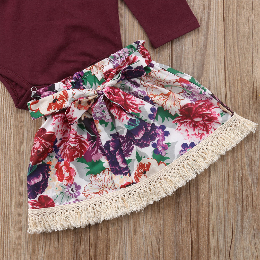 Ramia Ruffle Set Toddler Baby Girls Ruffles Long Sleeve Tops Romper Floral Skirts Headband Outfit Clothes