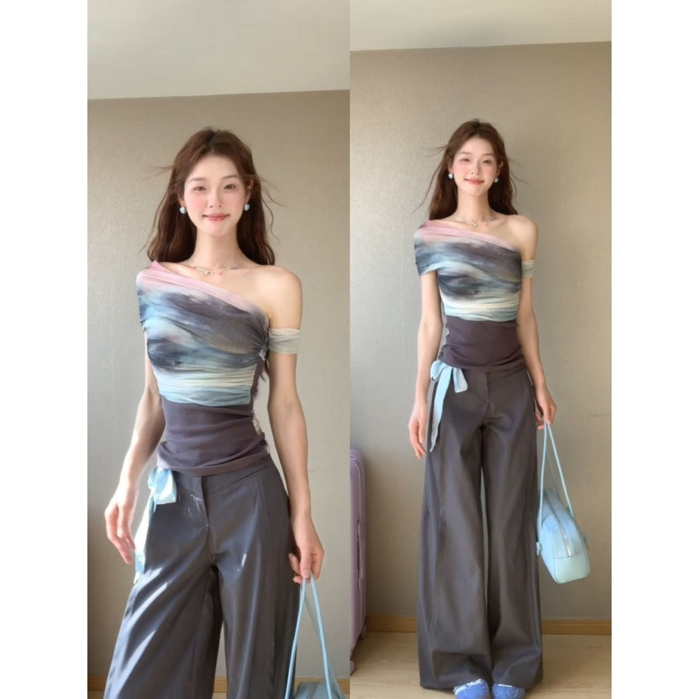 American Hot Girl Style Artistic Blooming Contrast Color Off-shoulder Short Sleeve