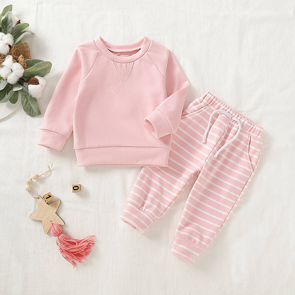 Toddler Boys And Girls Clothes Set Sweatshirt Tops Long Striped Pants Pajamas outfit 3-18 Months