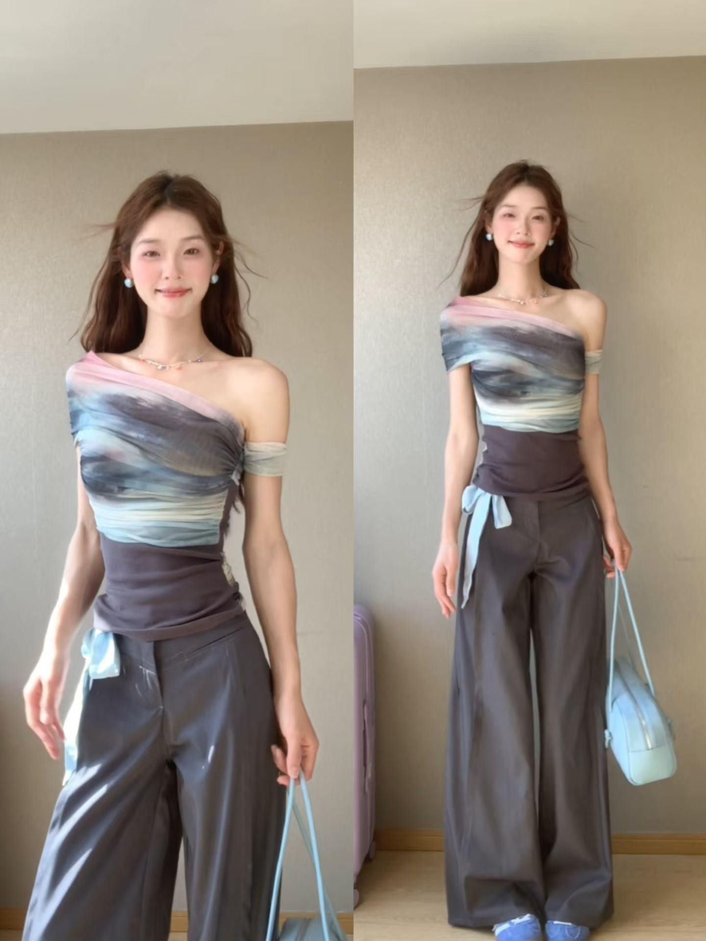 American Hot Girl Style Artistic Blooming Contrast Color Off-shoulder Short Sleeve