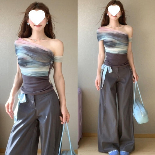 American Hot Girl Style Artistic Blooming Contrast Color Off-shoulder Short Sleeve