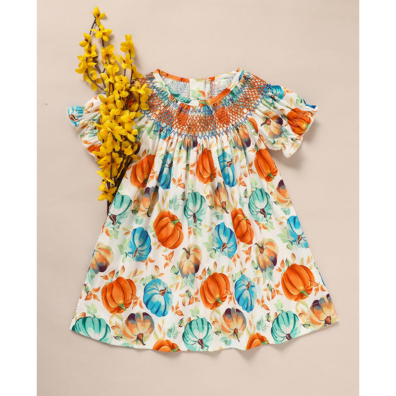 Toddler Baby Girl Pumpkin Smocked Dress Fall Thanksgiving Halloween Embroidered Princess Party Dresses Kids Fall Outfits Clothes
