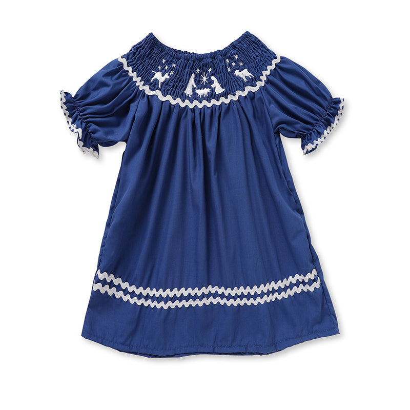 Toddler Infant Girl Christmas Santa Embroidery Short Sleeve Princess Party Dress Smocked Baby Girl Clothes